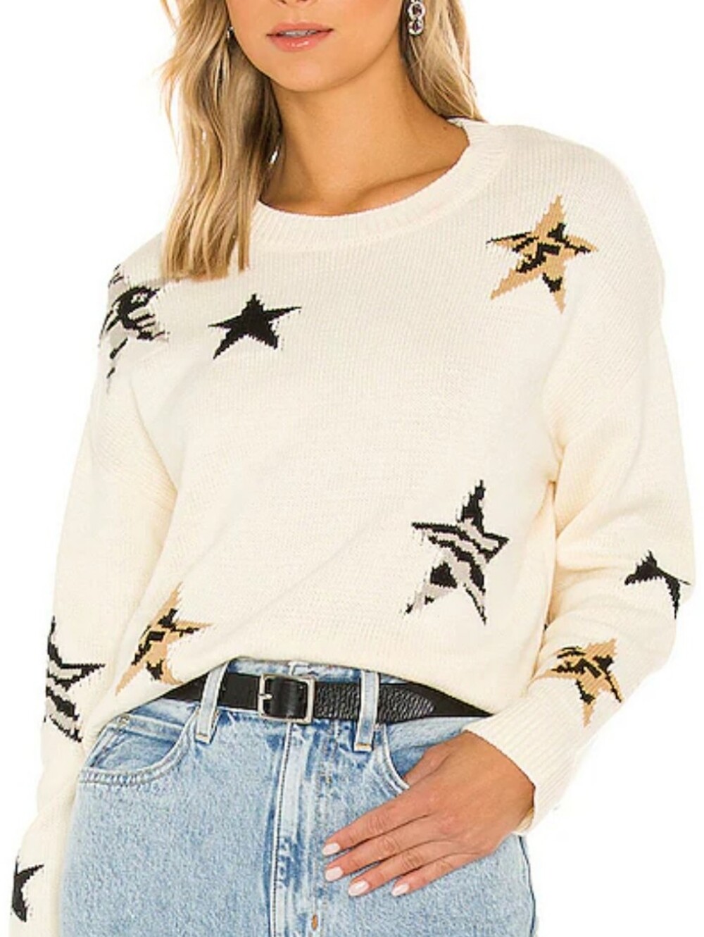Rails Cream Star-Intarsia Crewneck Sweater with Black & Tan Stars